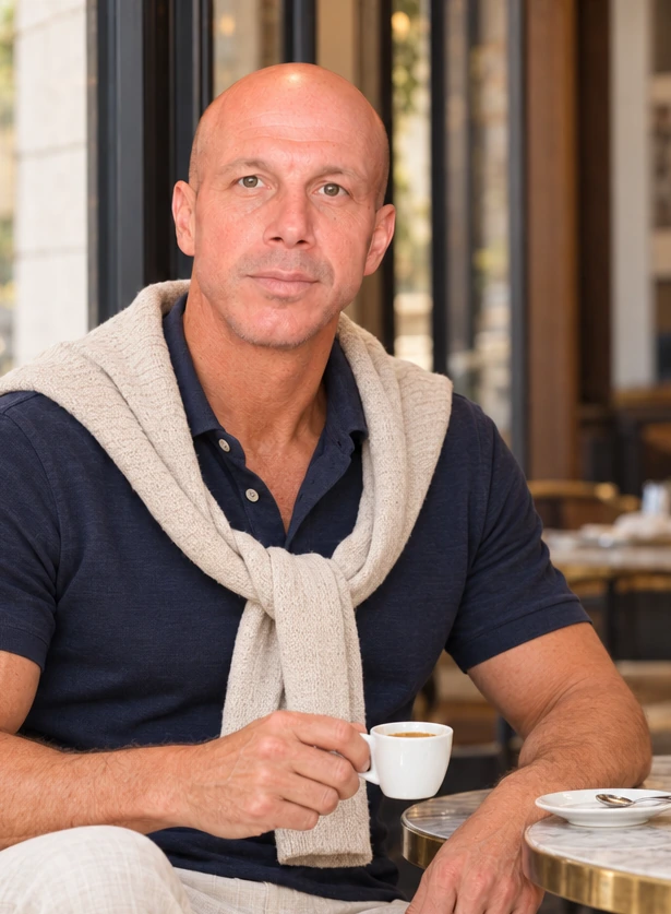 Thomas Bergmayr bei einem Espresso auf einer Restaurantterrasse